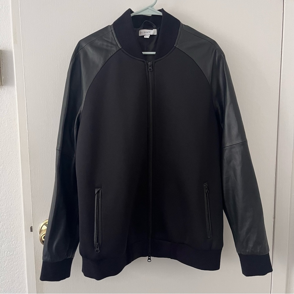 Calibrate Leather Bomber Mixed Media Black Varsity Jacket Men's Large